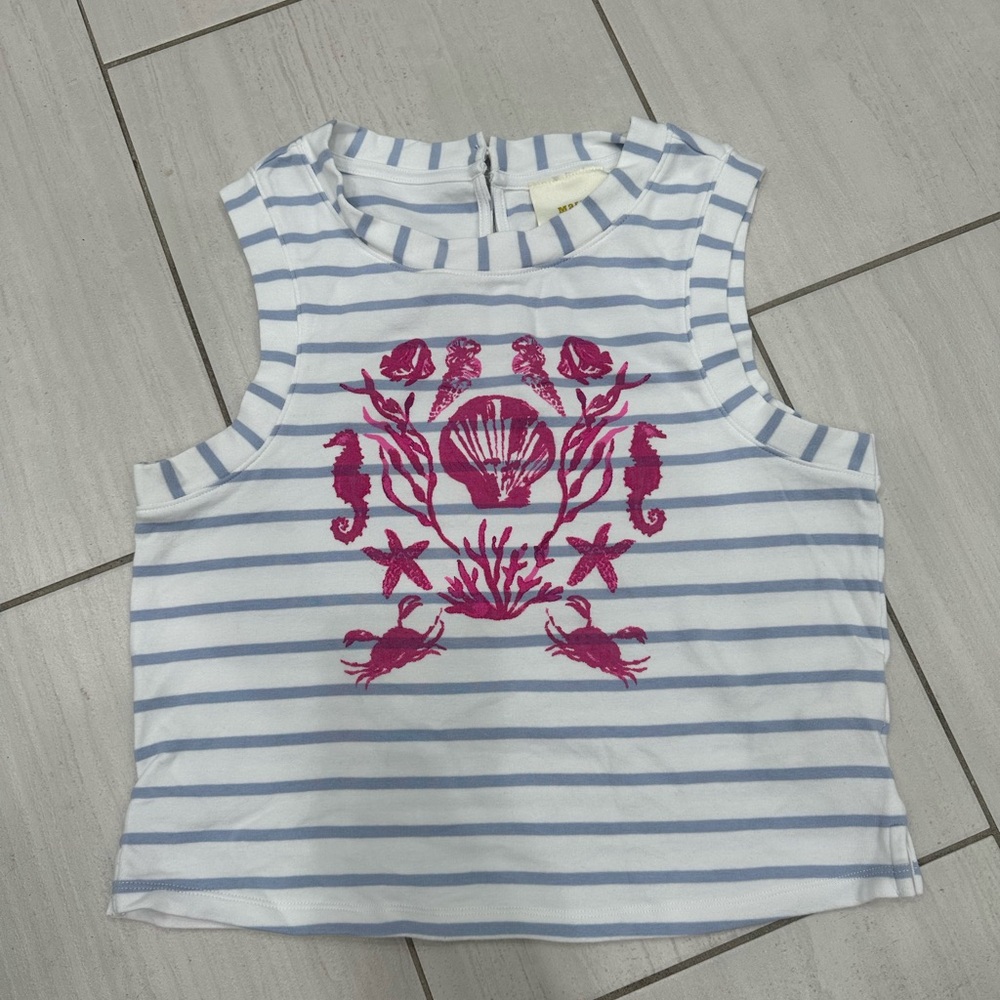 Anthropologie Maeve Blue and White Striped Tank W/ Coastal Print